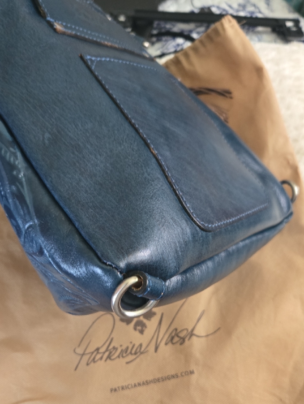 Patricia Nash Navy Embossed Leather Crossbody with Tan Tassel - Picture 12 of 14